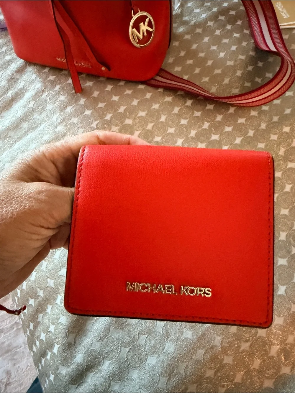Michael Kors Red Leather Bucket Bag with Matching Wallet and Stripe Strap